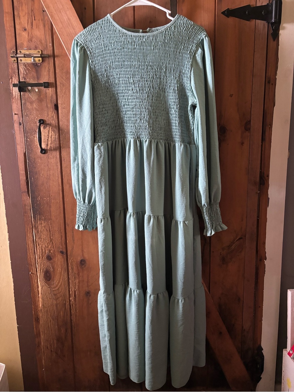 Smocked Tiered Long-Sleeve Maxi Dress - sage green